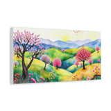 Spring Meadow Canvas Wall Art — Colorful Cherry Blossom Landscape, Stretched Matte Canvas