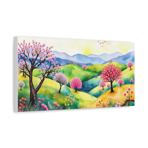 Spring Meadow Canvas Wall Art — Colorful Cherry Blossom Landscape, Stretched Matte Canvas