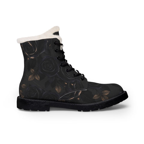 Women's Black Rose Fur-Lined Leather Boots — Warm Winter Lace-Up Combat Style
