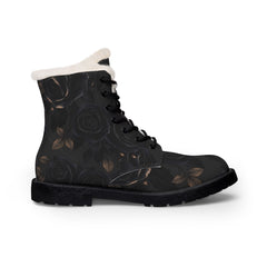 Women's Black Rose Fur-Lined Leather Boots — Warm Winter Lace-Up Combat Style