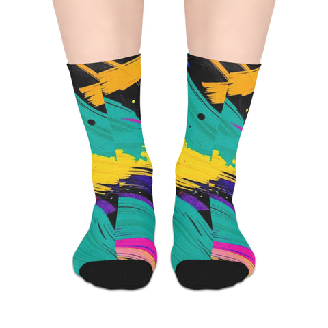 Vibrant Abstract Brushstroke Mid-Length Socks — Colorful Retro Art Crew Socks