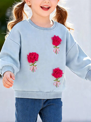 Children's Flower Applique Round Neck Sweatshirt