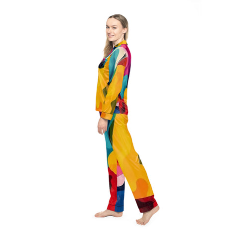 Colorful Abstract Satin Pajama Set — Women's Vibrant Lounge PJs
