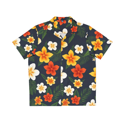 Men's Tropical Floral Hawaiian Shirt — Black Plumeria Aloha Shirt for Beach, Vacation & Luau