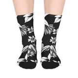 Floral Stripe Mid-Length Socks — Black & White Tropical Flower Crew Socks