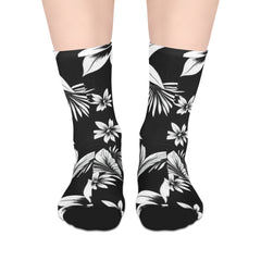 Floral Stripe Mid-Length Socks — Black & White Tropical Flower Crew Socks