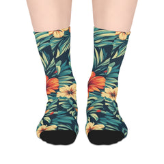 Tropical Floral Mid-Length Socks — Hibiscus Leaf Pattern