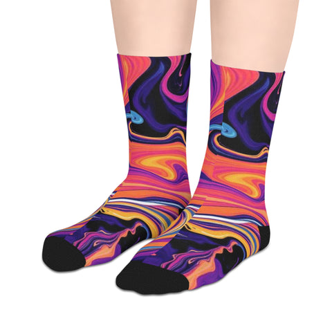 Psychedelic Swirl Mid-Length Socks — Vibrant Abstract Marble Design