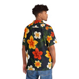 Men's Tropical Floral Hawaiian Shirt — Black Plumeria Aloha Shirt for Beach, Vacation & Luau