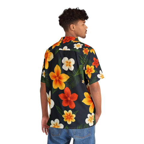 Men's Tropical Floral Hawaiian Shirt — Black Plumeria Aloha Shirt for Beach, Vacation & Luau