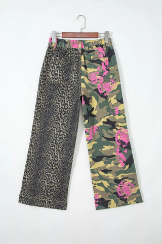 Multicolour Retro Floral Leopard Contrast Patchwork Raw Hem Jeans