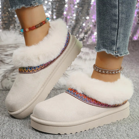 Fur-Lined Platform Boots with Decorative Woven Strap