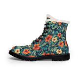 Floral Fur-Lined Leather Boots – Tropical Hibiscus Winter Boots for Women
