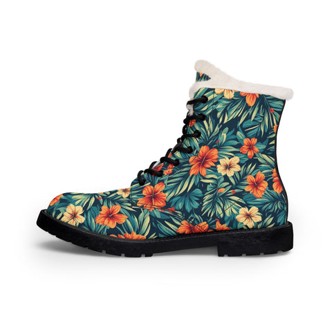 Floral Fur-Lined Leather Boots – Tropical Hibiscus Winter Boots for Women