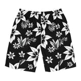 Black & White Hawaiian Floral Board Shorts — Men's Tropical Swim Trunks