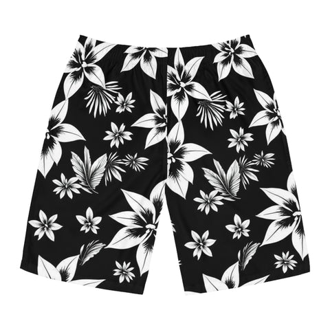 Black & White Hawaiian Floral Board Shorts — Men's Tropical Swim Trunks