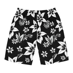 Black & White Hawaiian Floral Board Shorts — Men's Tropical Swim Trunks