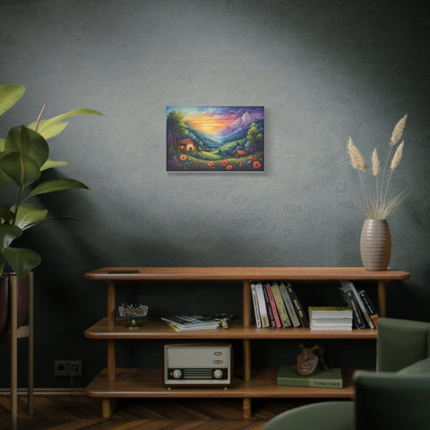 Sunset Valley Landscape Canvas Print — Cottage, Mountains & Wildflowers Matte Stretched