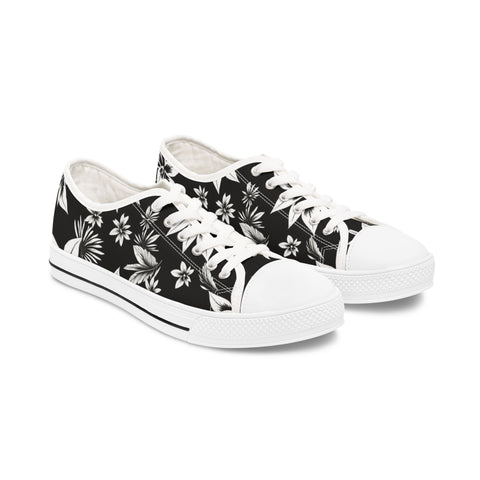Low Top Sneakers — Black & White Floral Canvas Women's Casual Shoes
