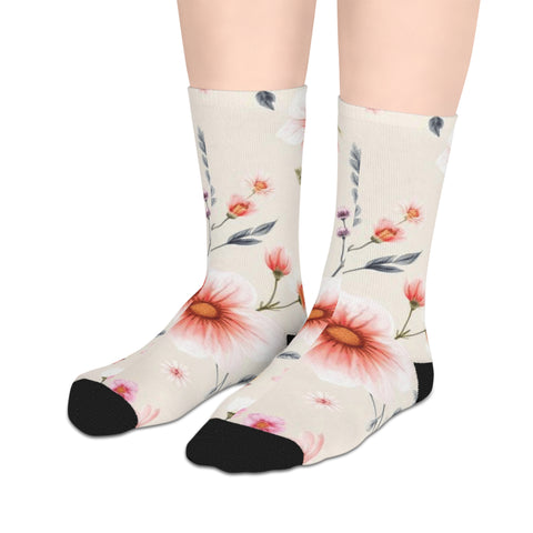 Floral Mid-Length Socks — Soft Pink Watercolor Blooms Pattern