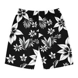 Black & White Hawaiian Floral Board Shorts — Men's Tropical Swim Trunks