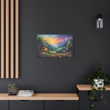 Sunset Valley Landscape Canvas Print — Cottage, Mountains & Wildflowers Matte Stretched