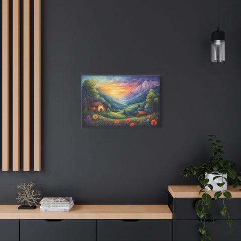 Sunset Valley Landscape Canvas Print — Cottage, Mountains & Wildflowers Matte Stretched