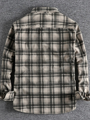 Men's Plus Size Button Down Plaid Corduroy Shirt with Chest Pockets