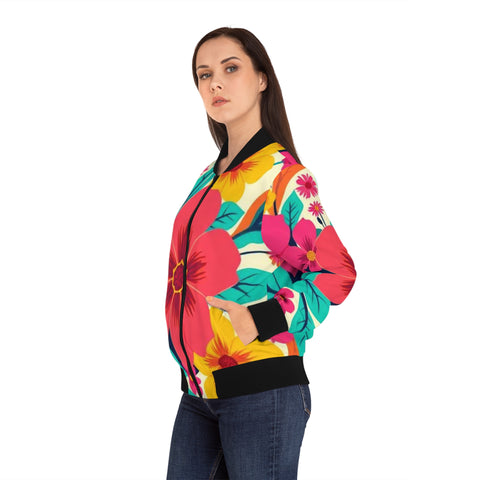 Floral Burst Women's Bomber Jacket — Bright Hawaiian All-Over Print