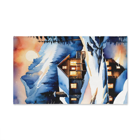 Hand Towel — Cozy Winter Cabin Landscape | Mountain Lodge Snow Scene