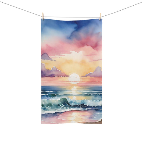 Sunset Ocean Watercolor Hand Towel — Beach Waves Sunrise Kitchen Towel