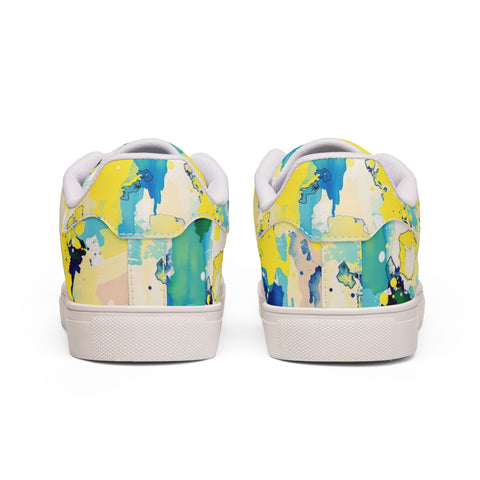 Abstract Watercolor Low-Top Leather Sneakers — Yellow Blue Splash