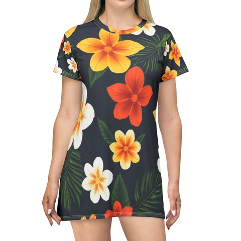 Tropical Plumeria Floral T-Shirt Dress – Hawaiian Beach AOP Print