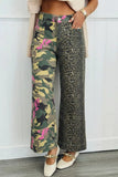 Multicolour Retro Floral Leopard Contrast Patchwork Raw Hem Jeans