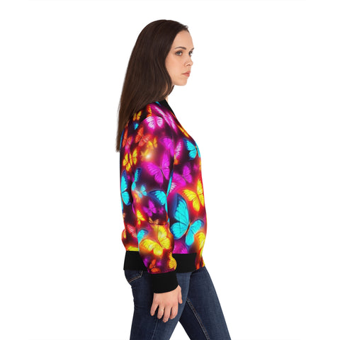 Butterfly Glow Bomber Jacket — Vibrant Neon Butterflies All-Over Print