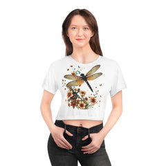 Dragonfly Floral Crop Tee — Vintage Botanical Summer Top