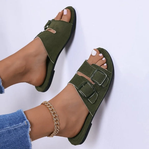 Double Buckle Flat Slide Sandals