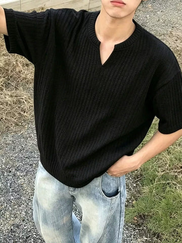 Men's Plus Size Casual Notched Ribbed T-Shirt