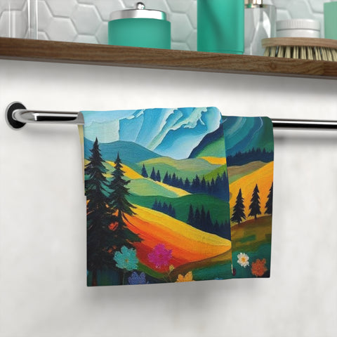 Mountain Meadow Face Towel — Colorful Scenic Nature Hand Towel