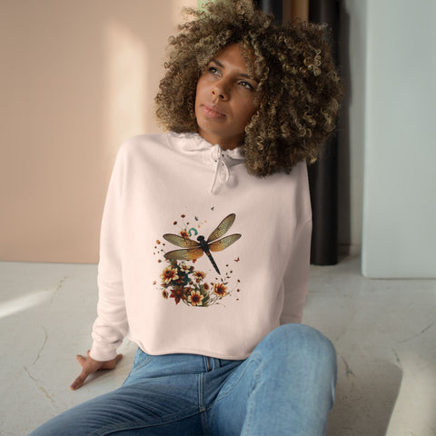 Dragonfly Floral Crop Hoodie — Botanical Watercolor Dragonfly Graphic