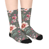 Floral Blooms Mid-Length Socks — Vintage Green Pink Flower Crew Socks