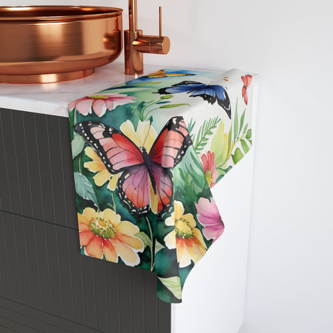 Butterfly Garden Hand Towel — Floral Spring Decorative Kitchen or Bath Towel