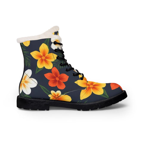 Floral Fur-Lined Leather Boots — Tropical Orange & Yellow Hibiscus Print