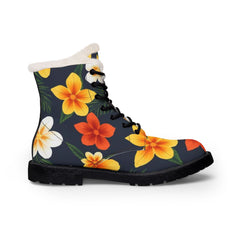 Floral Fur-Lined Leather Boots — Tropical Orange & Yellow Hibiscus Print