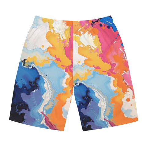 Abstract Color Splash Board Shorts — Vibrant Marble AOP Men's Swim Trunks