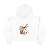 Dragonfly Floral Crop Hoodie — Botanical Watercolor Dragonfly Graphic