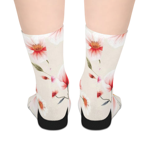 Floral Mid-Length Socks — Soft Pink Watercolor Blooms Pattern