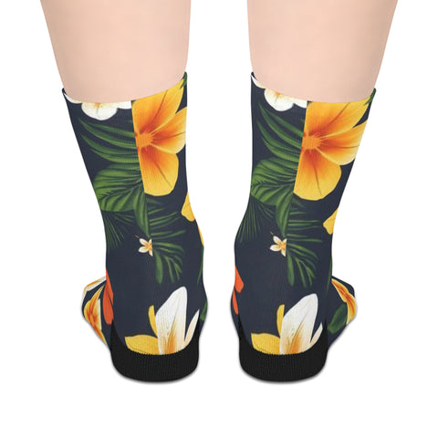 Tropical Floral Mid-Length Socks — Yellow & Orange Plumeria Design