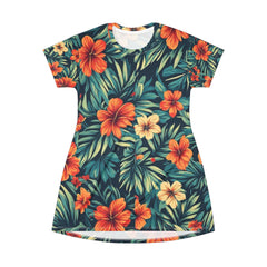 Floral Hibiscus T-Shirt Dress — Tropical All-Over Print Summer Dress