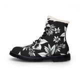 Floral Fur-Lined Leather Boots — Black & White Winter Combat Boots